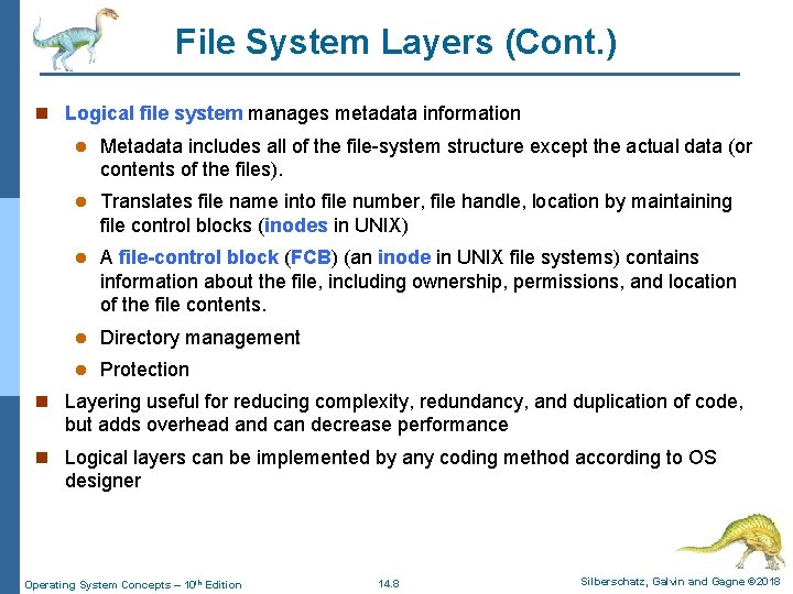 File System Layers (Cont. ) n Logical file system manages metadata information l Metadata