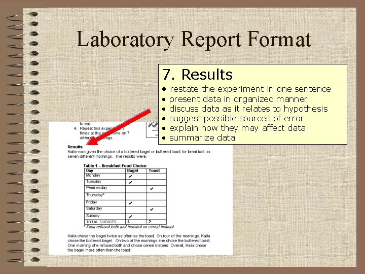 Laboratory Report Format 7. Results • restate the experiment in one sentence • •