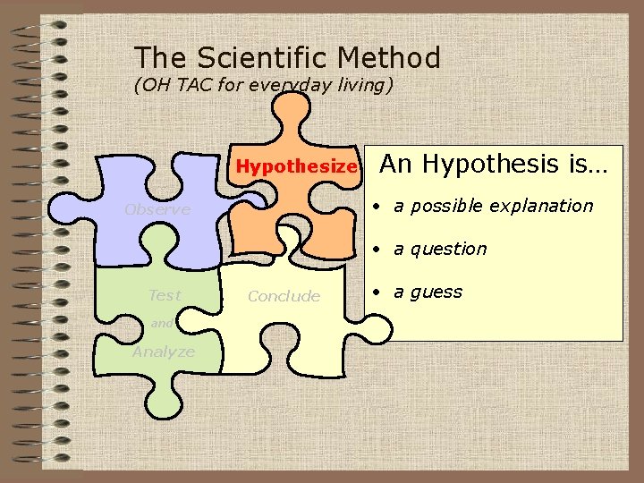 The Scientific Method (OH TAC for everyday living) Hypothesize An Hypothesis is… • a