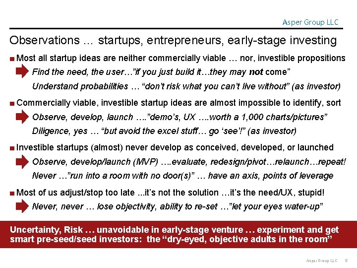 Asper Group LLC Observations … startups, entrepreneurs, early-stage investing ■ Most all startup ideas