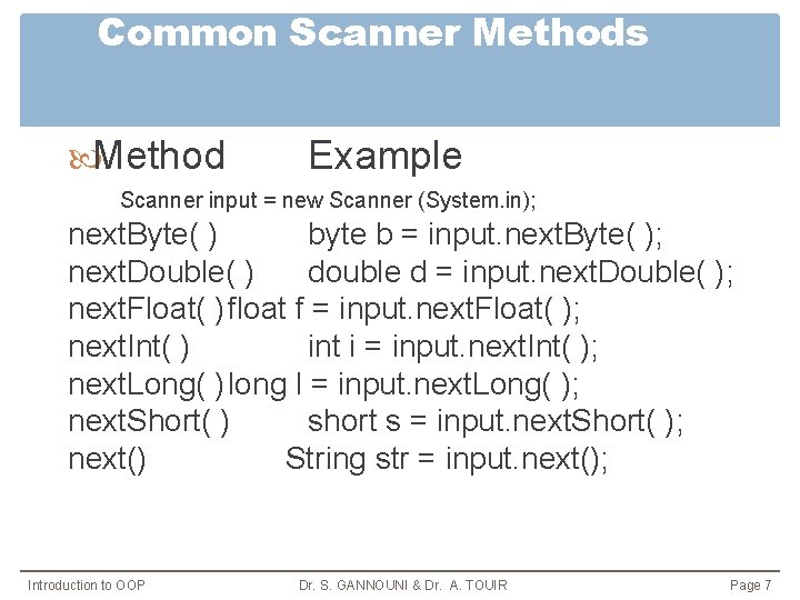 Common Scanner Methods Method Example Scanner input = new Scanner (System. in); next. Byte(