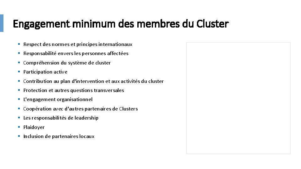 Engagement minimum des membres du Cluster § Respect des normes et principes internationaux § Engagement minimum des membres du Cluster § Respect des normes et principes internationaux §