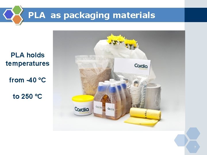 PLA as packaging materials PLA holds temperatures from -40 °C to 250 °C 7