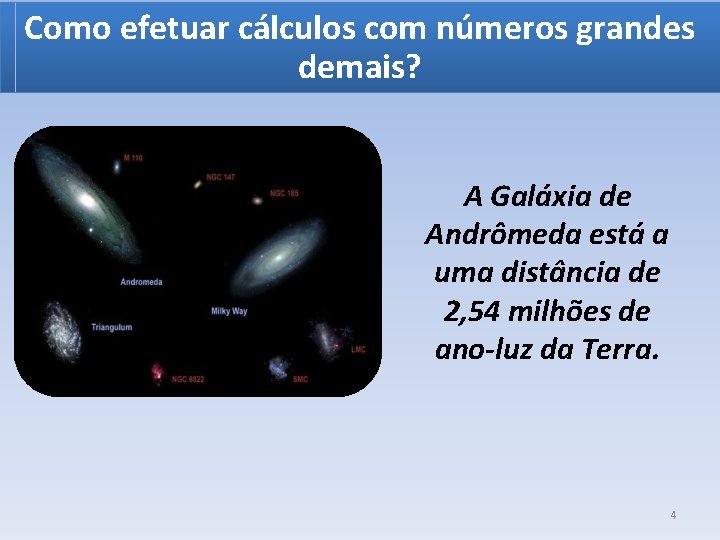 Como efetuar cálculos com números grandes demais? A Galáxia de Andrômeda está a uma