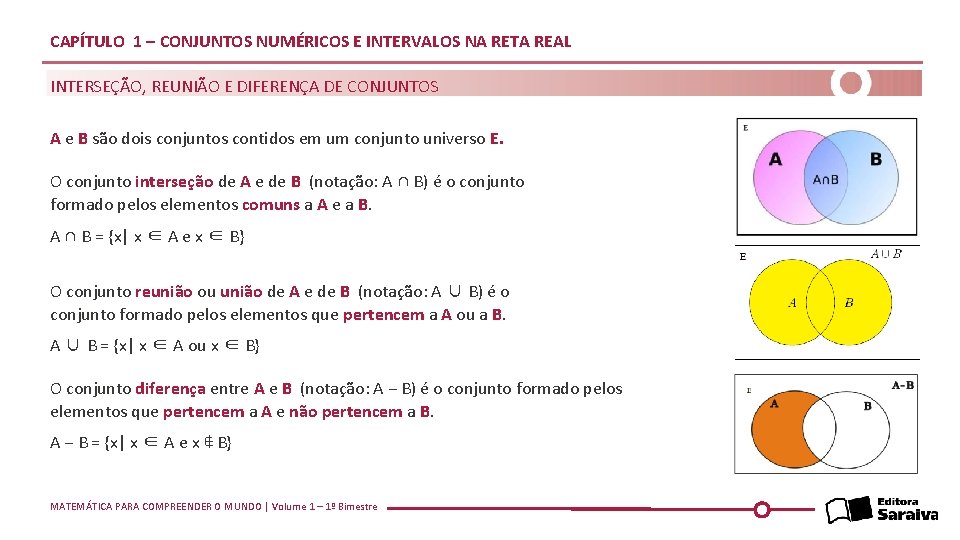 CAPÍTULO 1 – CONJUNTOS NUMÉRICOS E INTERVALOS NA RETA REAL INTERSEÇÃO, REUNIÃO E DIFERENÇA