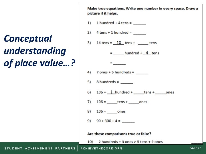 Conceptual understanding of place value…? PAGE 22 