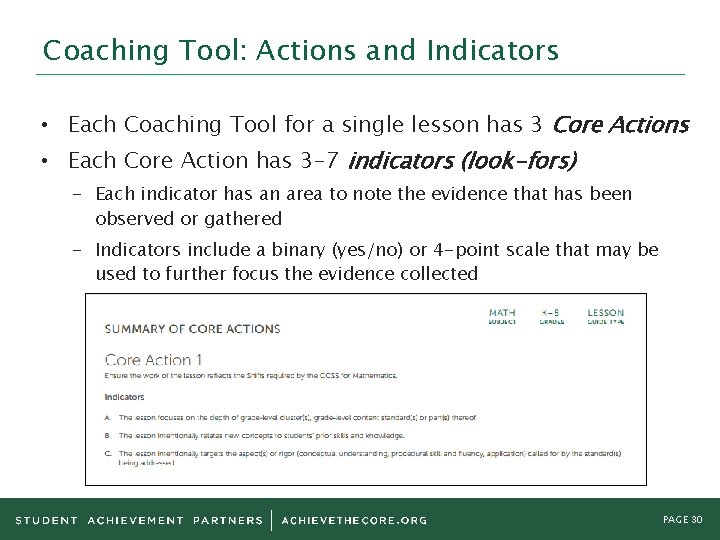 Coaching Tool: Actions and Indicators • Each Coaching Tool for a single lesson has