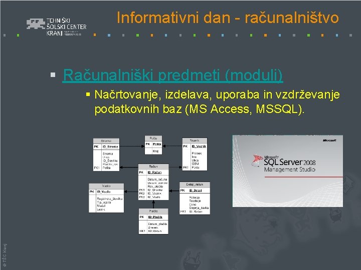 Informativni dan - računalništvo § Računalniški predmeti (moduli) © TŠC Kranj § Načrtovanje, izdelava,