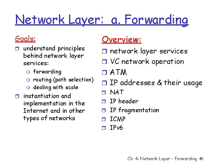 Network Layer: a. Forwarding Goals: r understand principles behind network layer services: m m