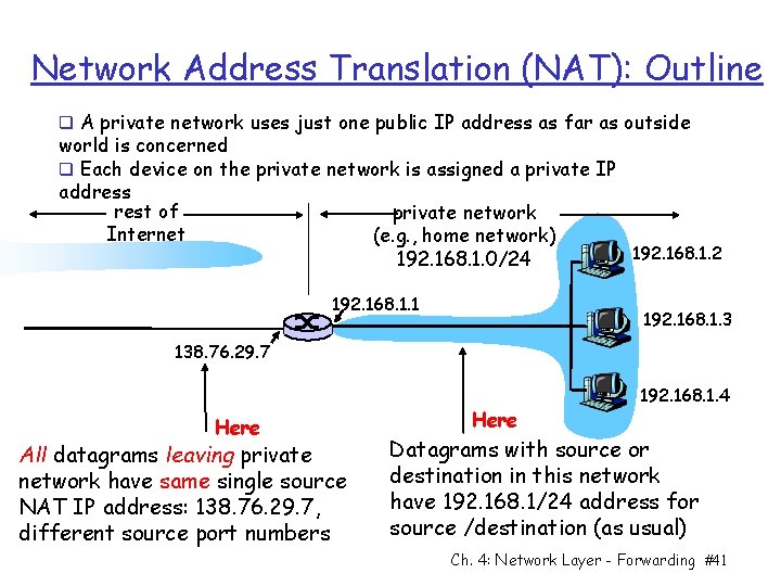 Network Address Translation (NAT): Outline q A private network uses just one public IP
