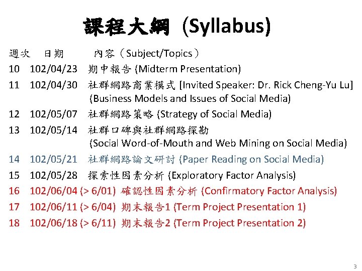 課程大綱 (Syllabus) 週次 日期 內容（Subject/Topics） 10 102/04/23 期中報告 (Midterm Presentation) 11 102/04/30 社群網路商業模式 [Invited