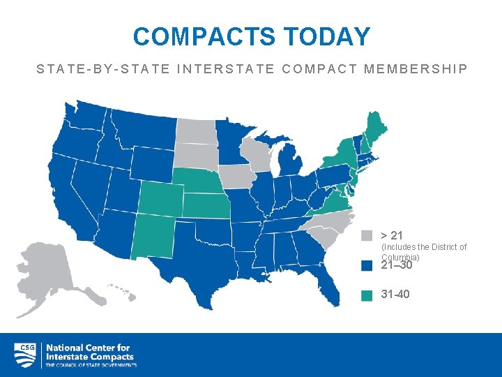 COMPACTS TODAY STATE-BY-STATE INTERSTATE COMPACT MEMBERSHIP > 21 (Includes the District of Columbia) 21–