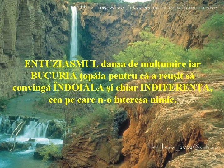 ENTUZIASMUL dansa de mulţumire iar BUCURIA ţopăia pentru că a reuşit să convingă ÎNDOIALA