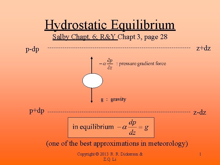 Hydrostatic Equilibrium Salby Chapt. 6; R&Y Chapt 3, page 28 z+dz p-dp g :