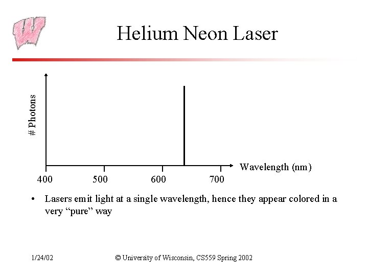 # Photons Helium Neon Laser Wavelength (nm) 400 500 600 700 • Lasers emit