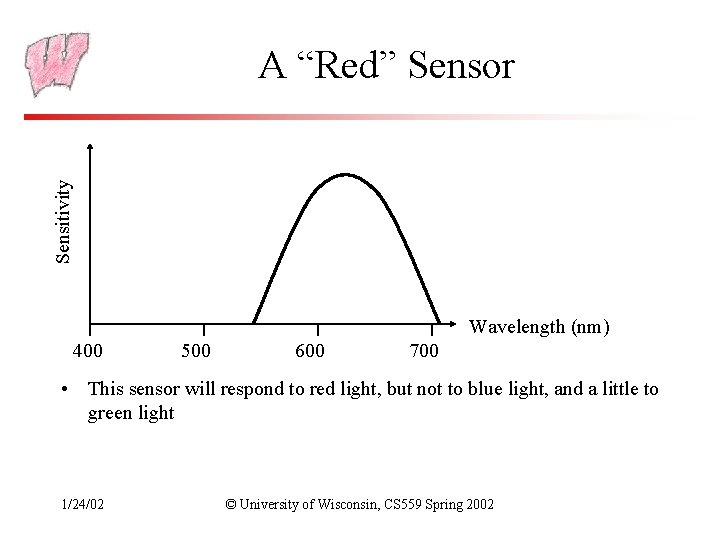 Sensitivity A “Red” Sensor Wavelength (nm) 400 500 600 700 • This sensor will