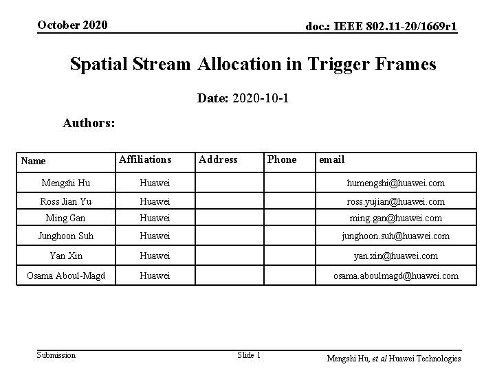 October 2020 doc. : IEEE 802. 11 -20/1669 r 1 Spatial Stream Allocation in