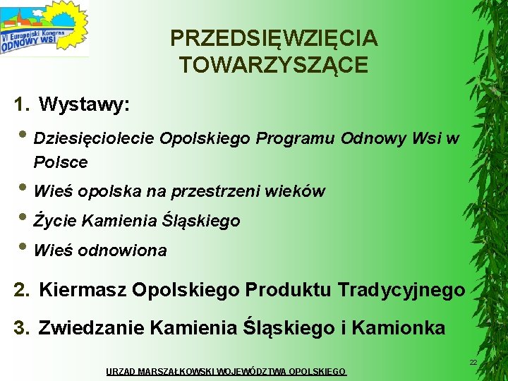 PRZEDSIĘWZIĘCIA TOWARZYSZĄCE 1. Wystawy: • Dziesięciolecie Opolskiego Programu Odnowy Wsi w Polsce • Wieś