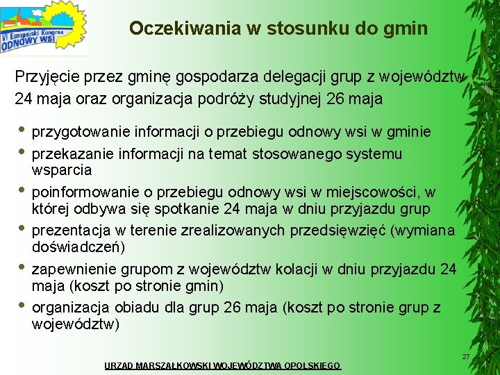 Oczekiwania w stosunku do gmin Przyjęcie przez gminę gospodarza delegacji grup z województw 24