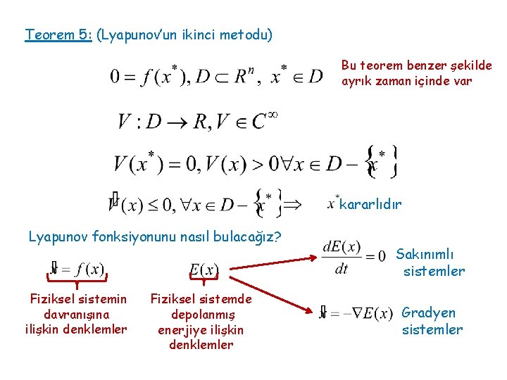 Teorem 5: (Lyapunov’un ikinci metodu) Bu teorem benzer şekilde ayrık zaman içinde var kararlıdır