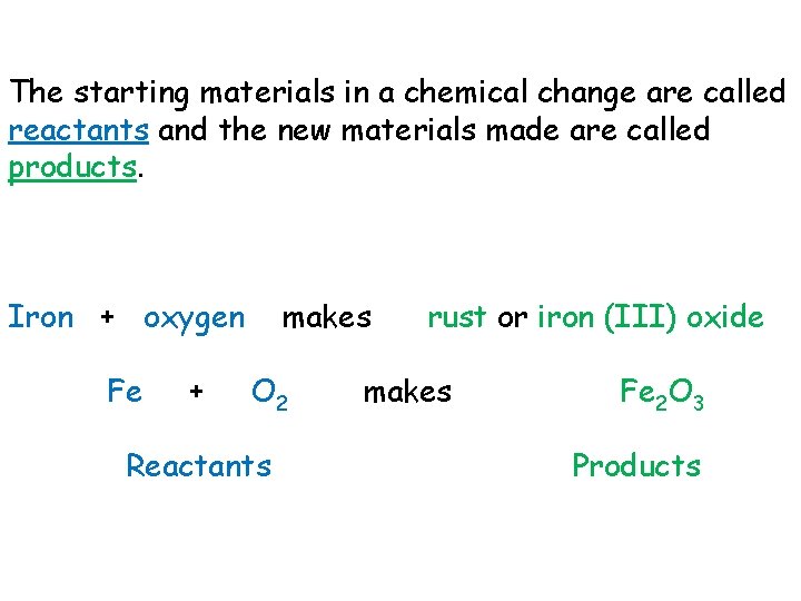 The starting materials in a chemical change are called reactants and the new materials