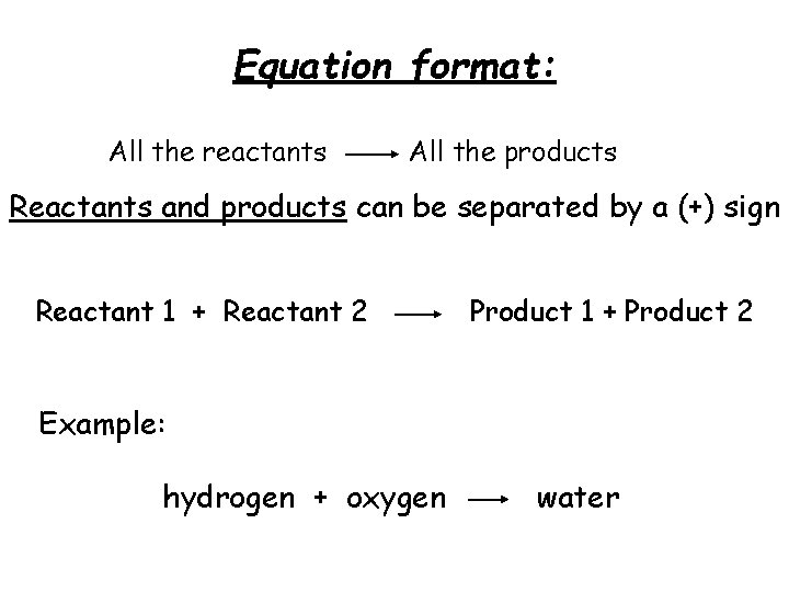 Equation format: All the reactants All the products Reactants and products can be separated