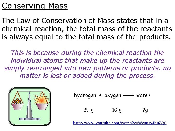 Conserving Mass The Law of Conservation of Mass states that in a chemical reaction,