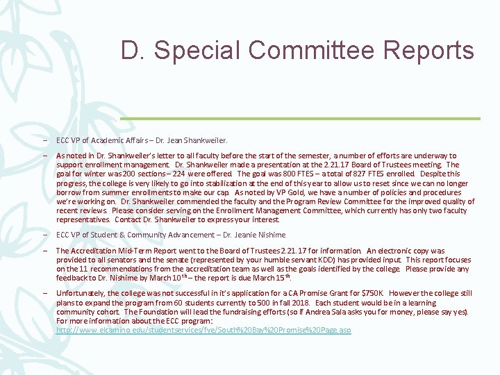 D. Special Committee Reports – ECC VP of Academic Affairs – Dr. Jean Shankweiler.