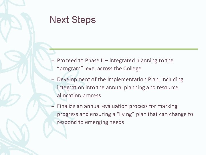 Next Steps – Proceed to Phase II – integrated planning to the “program” level