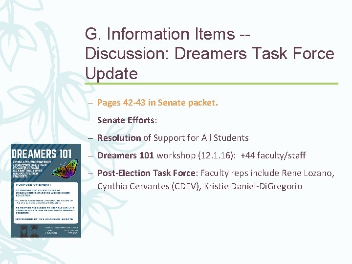 G. Information Items -Discussion: Dreamers Task Force Update – Pages 42 -43 in Senate