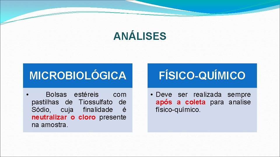 ANÁLISES • MICROBIOLÓGICA FÍSICO-QUÍMICO Bolsas estéreis com pastilhas de Tiossulfato de Sódio, cuja finalidade