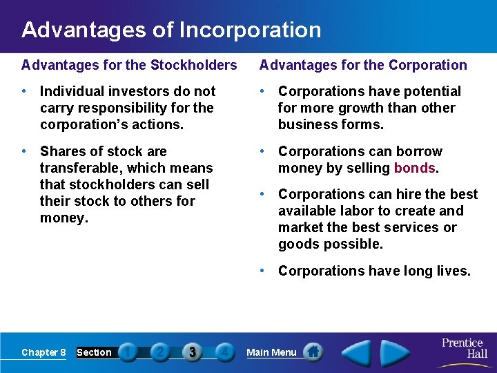 Advantages of Incorporation Advantages for the Stockholders Advantages for the Corporation • Individual investors