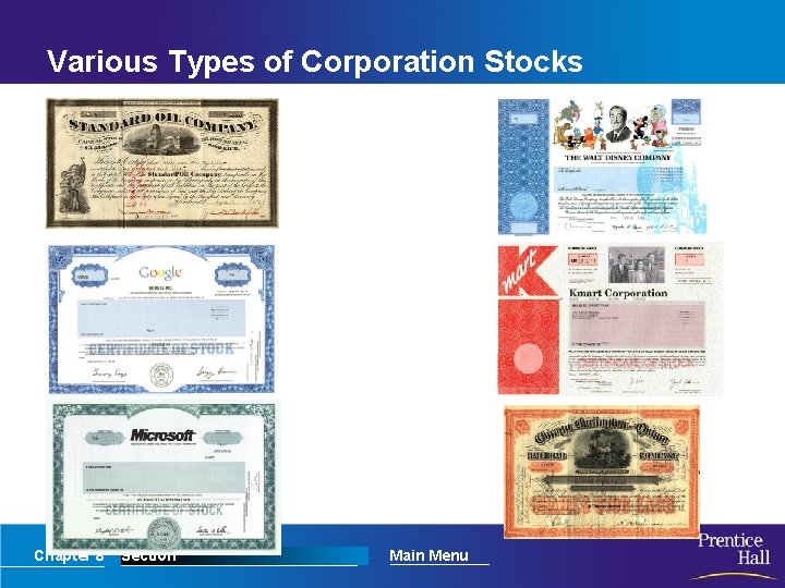 Various Types of Corporation Stocks Chapter 8 Section Main Menu 