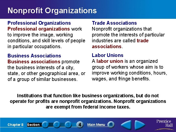 Nonprofit Organizations Professional organizations work to improve the image, working conditions, and skill levels