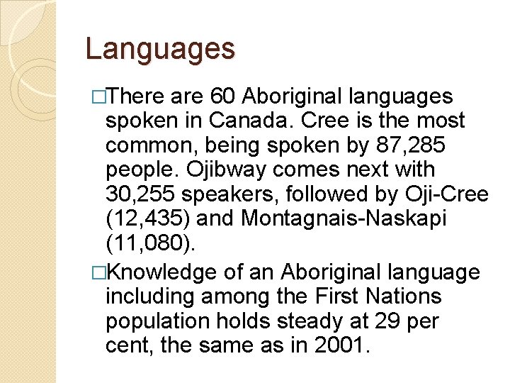 Languages �There are 60 Aboriginal languages spoken in Canada. Cree is the most common,