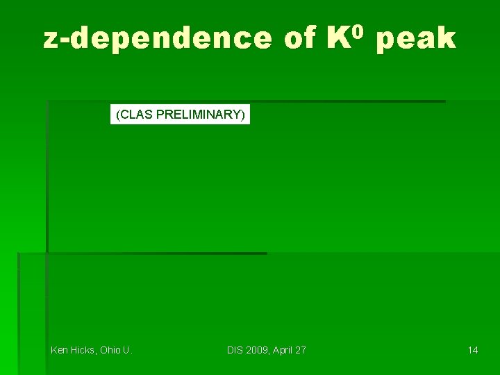 z-dependence of 0 K peak (CLAS PRELIMINARY) Ken Hicks, Ohio U. DIS 2009, April