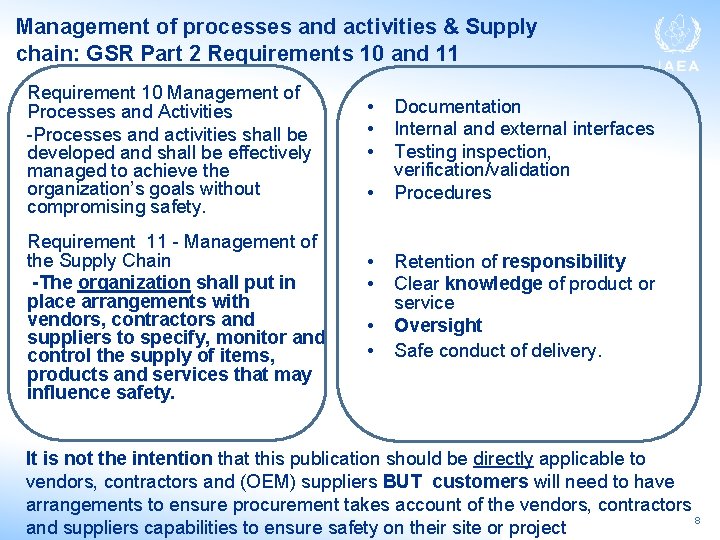 Management of processes and activities & Supply chain: GSR Part 2 Requirements 10 and