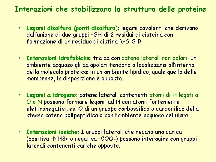 Interazioni che stabilizzano la struttura delle proteine • Legami disolfuro (ponti disolfuro): legami covalenti