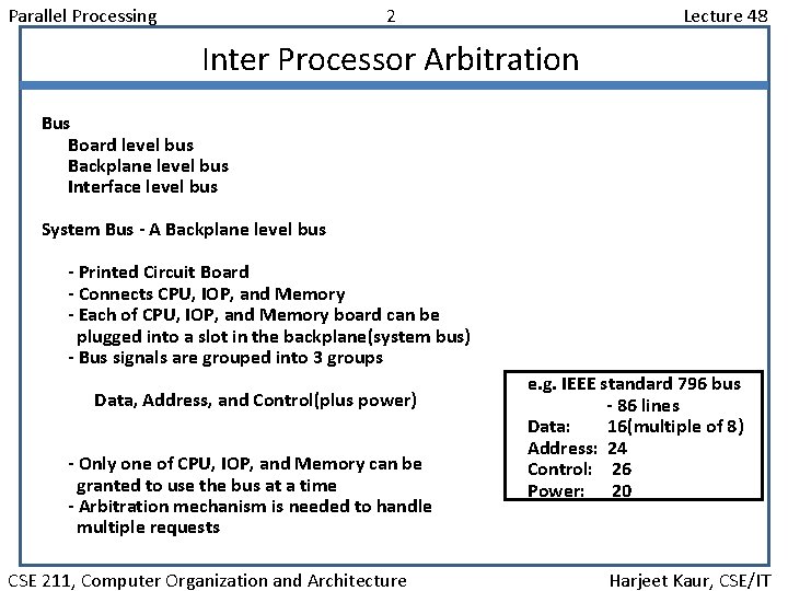 Parallel Processing 2 Lecture 48 Inter Processor Arbitration Bus Board level bus Backplane level