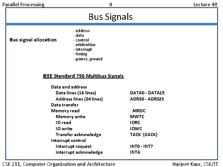 Parallel Processing 4 Lecture 48 Bus Signals Bus signal allocation - address - data