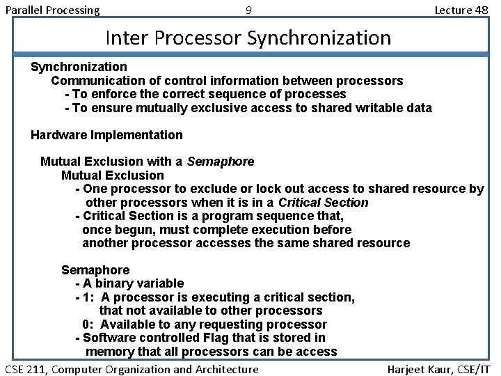 Parallel Processing 9 Lecture 48 Inter Processor Synchronization Communication of control information between processors