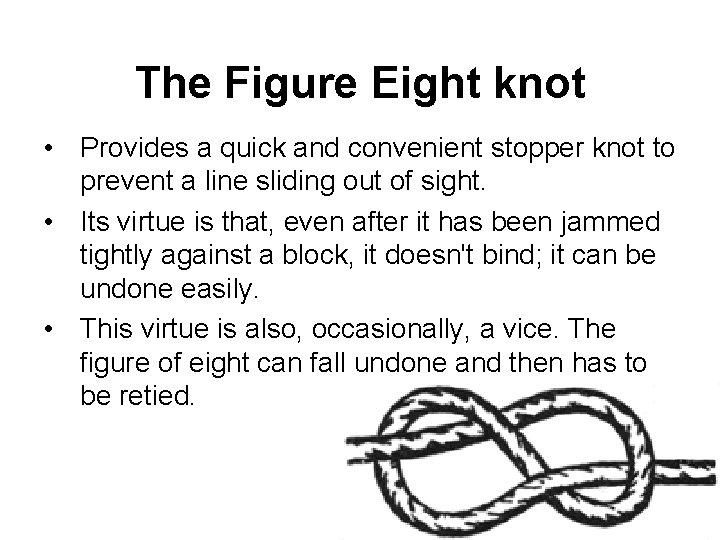 The Figure Eight knot • Provides a quick and convenient stopper knot to prevent