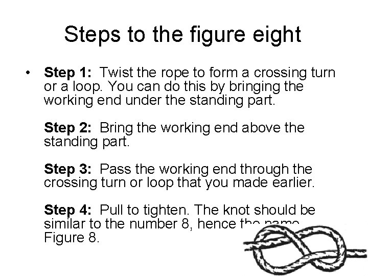 Steps to the figure eight • Step 1: Twist the rope to form a
