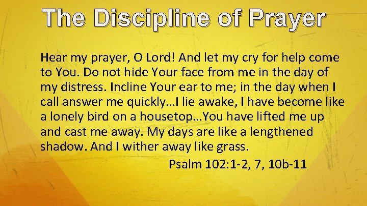 The Discipline of Prayer Hear my prayer, O Lord! And let my cry for