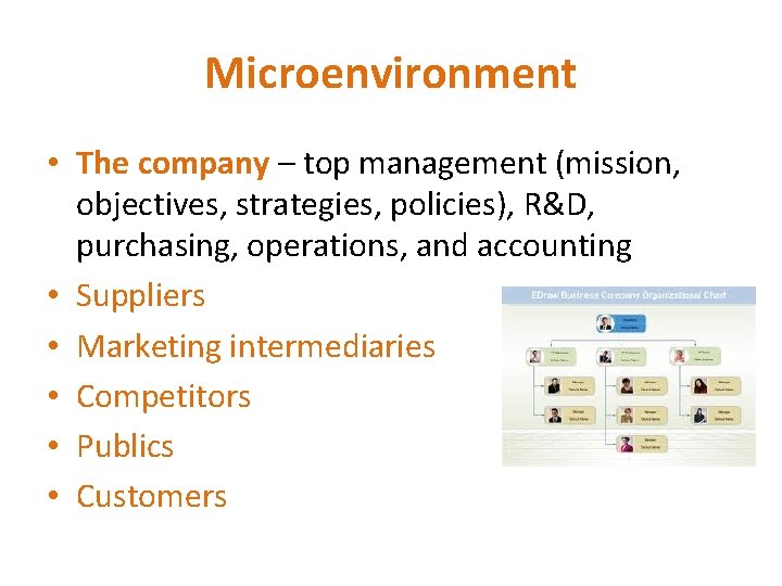 Microenvironment • The company – top management (mission, objectives, strategies, policies), R&D, purchasing, operations,