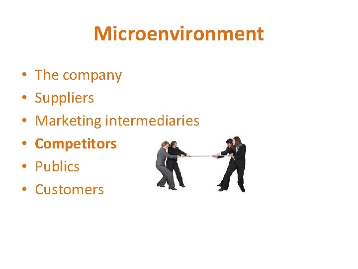 Microenvironment • • • The company Suppliers Marketing intermediaries Competitors Publics Customers 