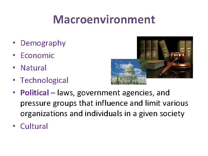 Macroenvironment Demography Economic Natural Technological Political – laws, government agencies, and pressure groups that