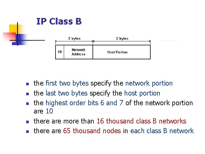 IP Class B n n n the first two bytes specify the network portion