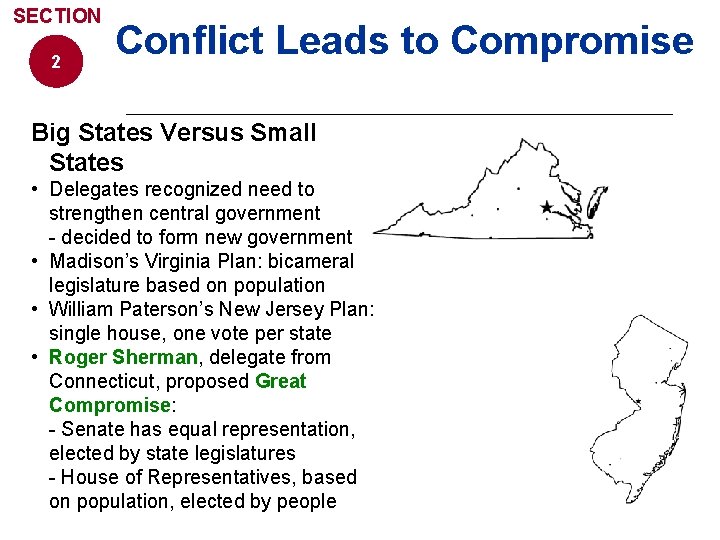 SECTION 2 Conflict Leads to Compromise Big States Versus Small States • Delegates recognized