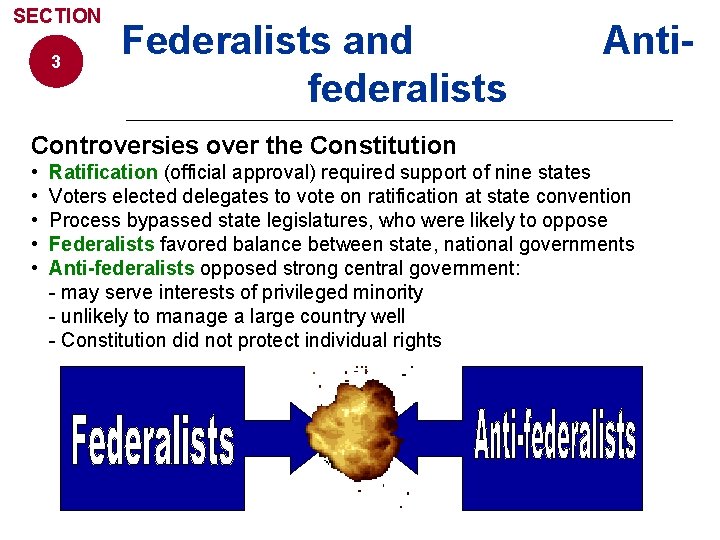 SECTION 3 Federalists and federalists Anti- Controversies over the Constitution • • • Ratification